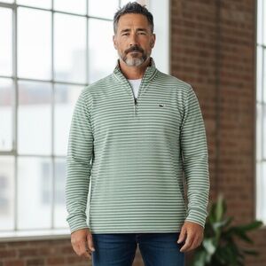 Vineyard Vines 1/4 Zip Green White Striped  Pullover Mens Size Small